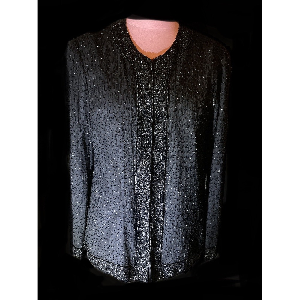 Lawrence Kazar Jacket Women's Small Black Long Sleeve 100% Silk Beaded Jacket